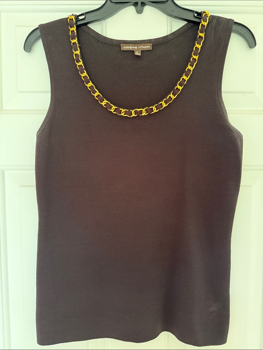 Adrienne Vittadini Black Knit Top with Gold Chain Trim - Size M